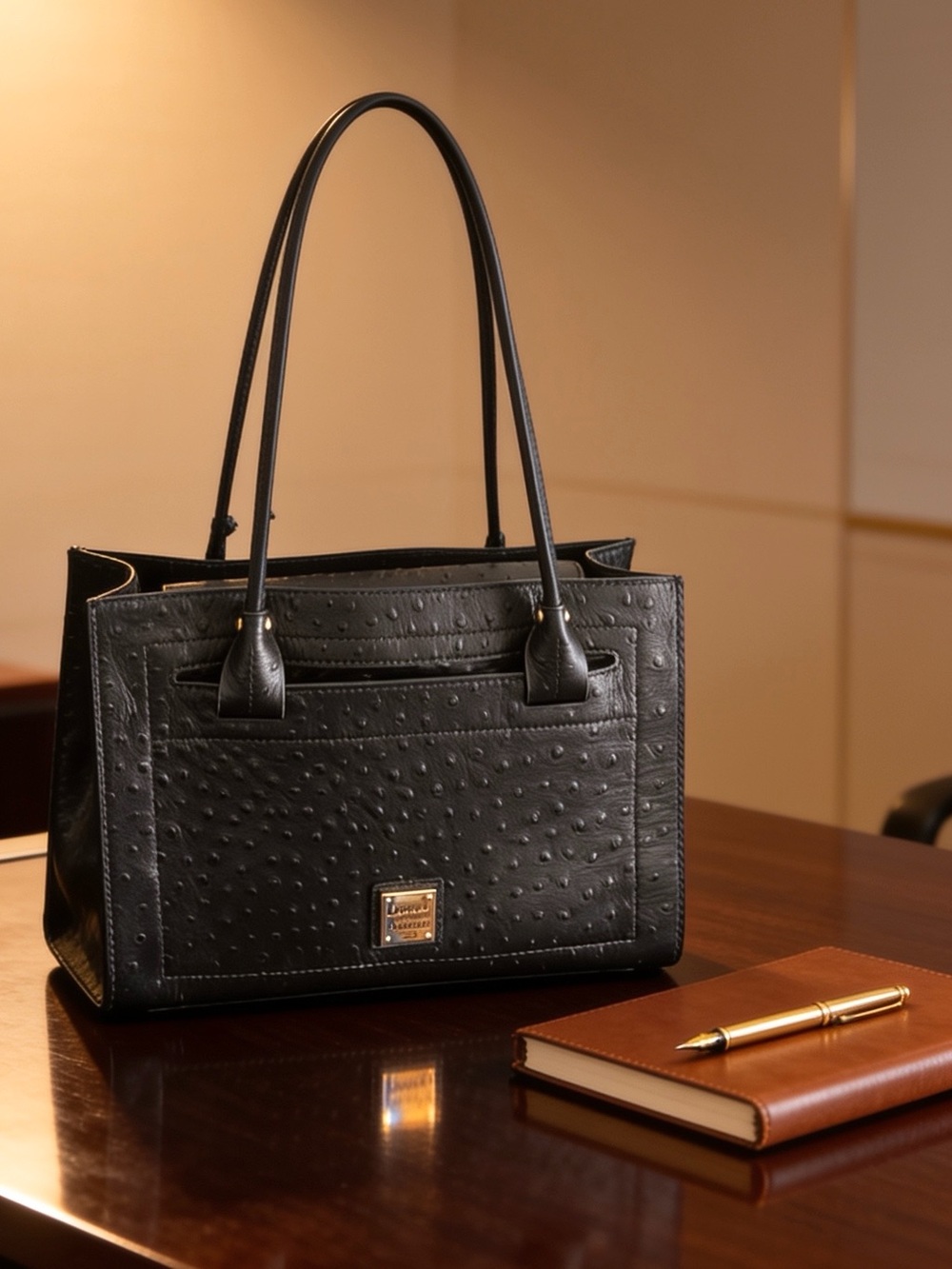 Dooney & Bourke Black Ostrich-Embossed Leather Satchel
